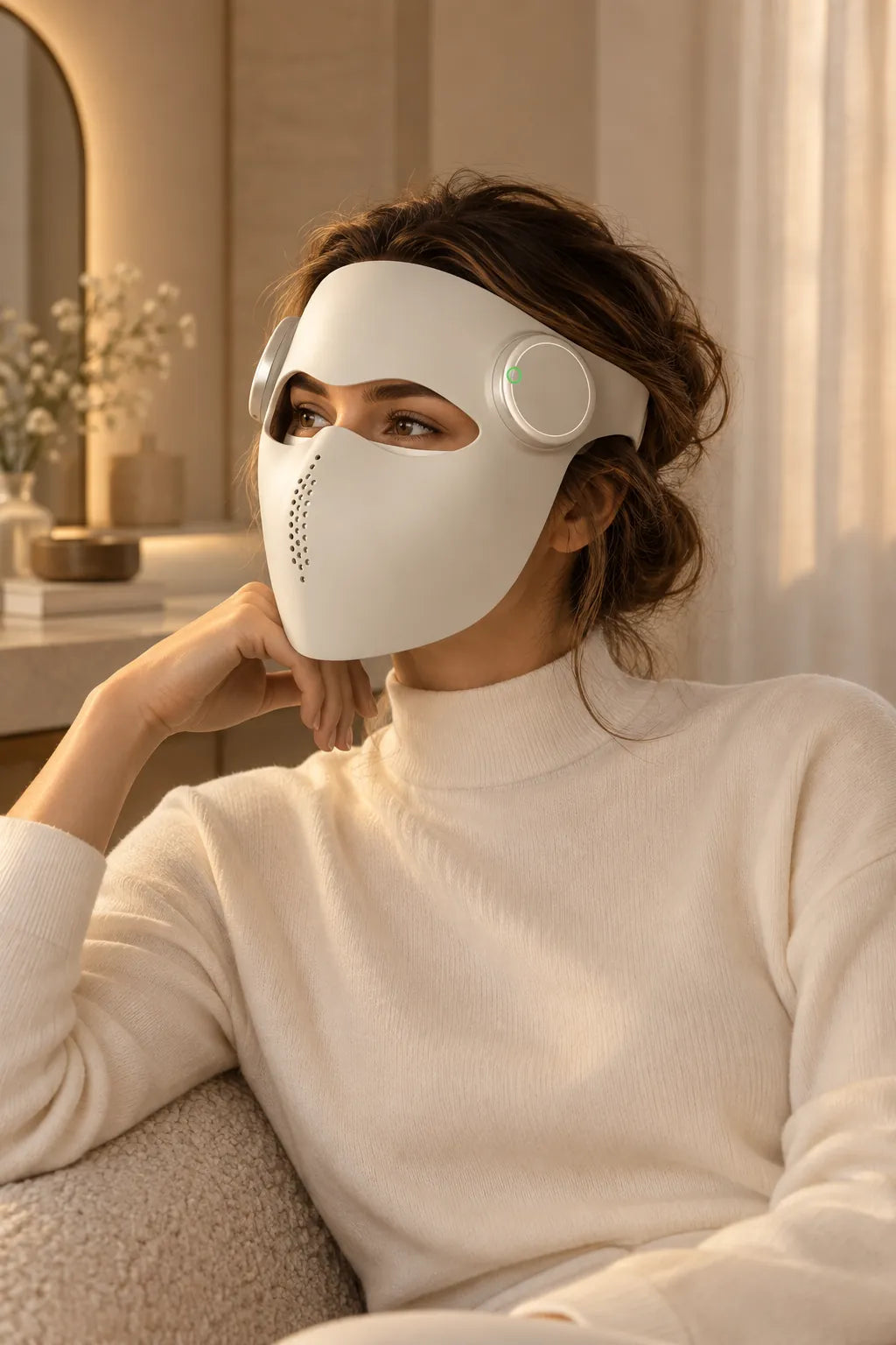 Campaign image of a woman wearing the VEYLÉA Luxe Mask